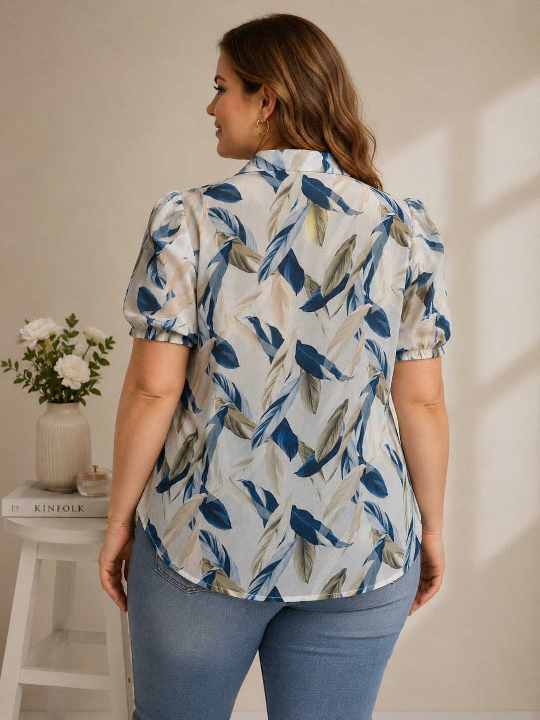 U&F Beyond White & Blue Leaf Printed Puff Sleeve Plus Size Top