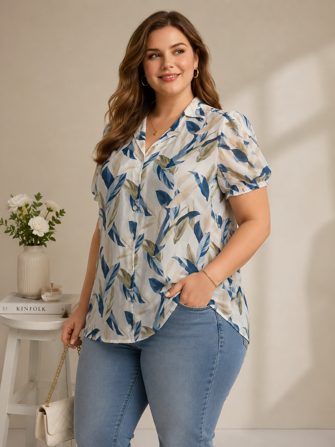 U&F Beyond White & Blue Leaf Printed Puff Sleeve Plus Size Top
