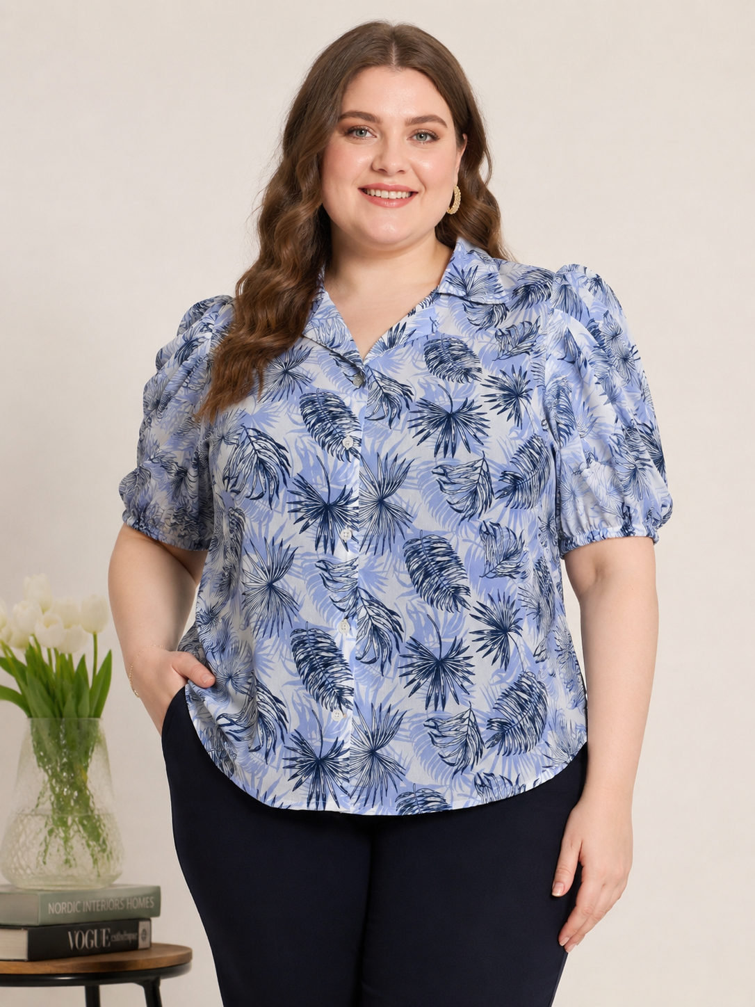 U&F Beyond Blue Tropical Leaf Printed Puff Sleeve Plus Size Top