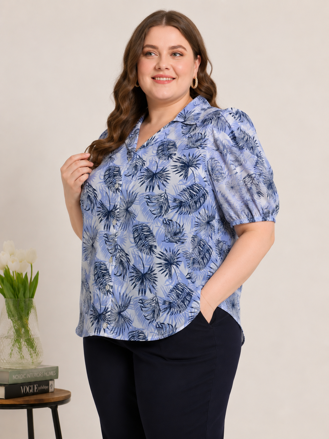 U&F Beyond Blue Tropical Leaf Printed Puff Sleeve Plus Size Top