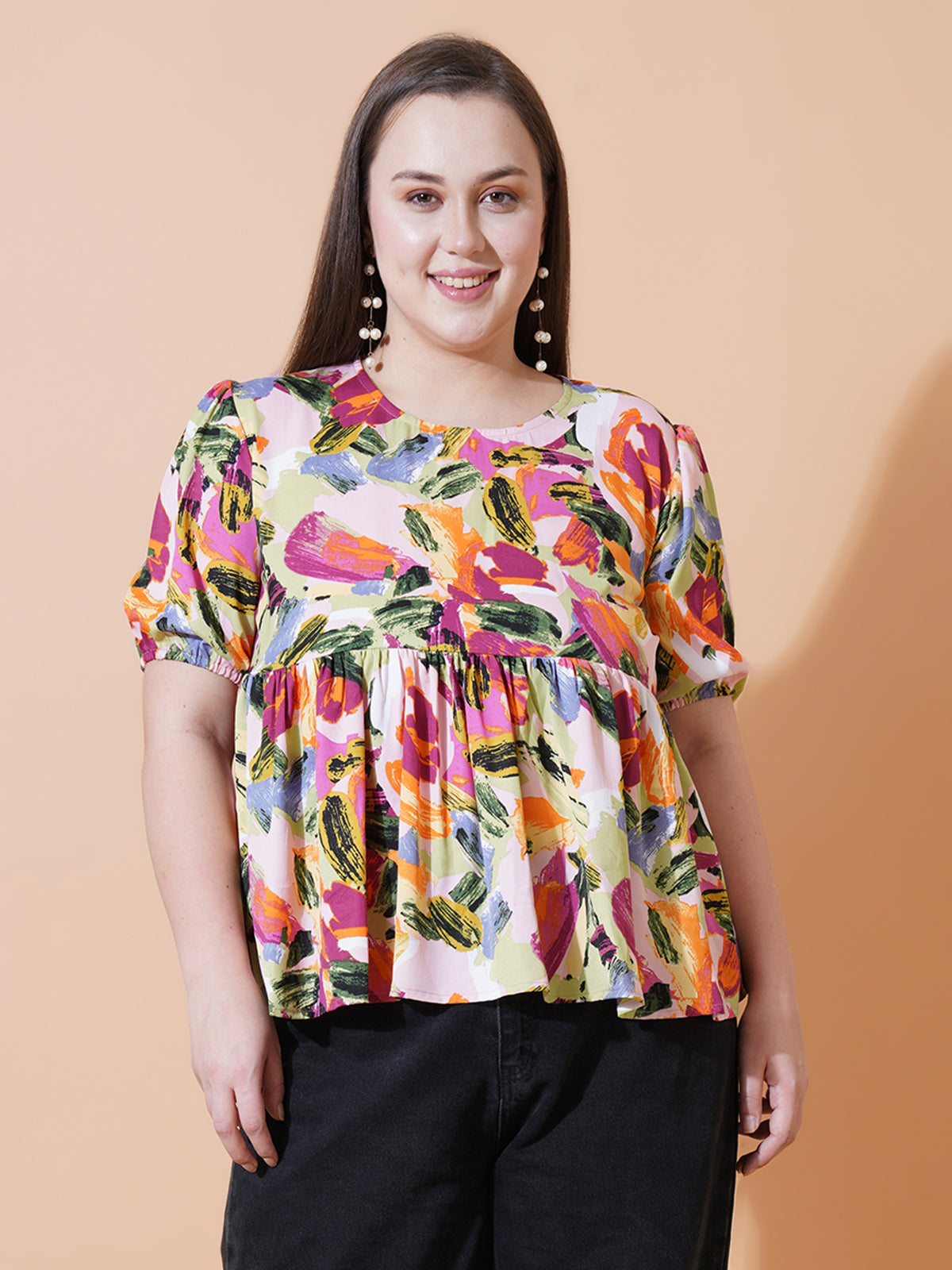Women Plus Size Printed Puff Sleeve Crepe Top 3XL Multicoloured