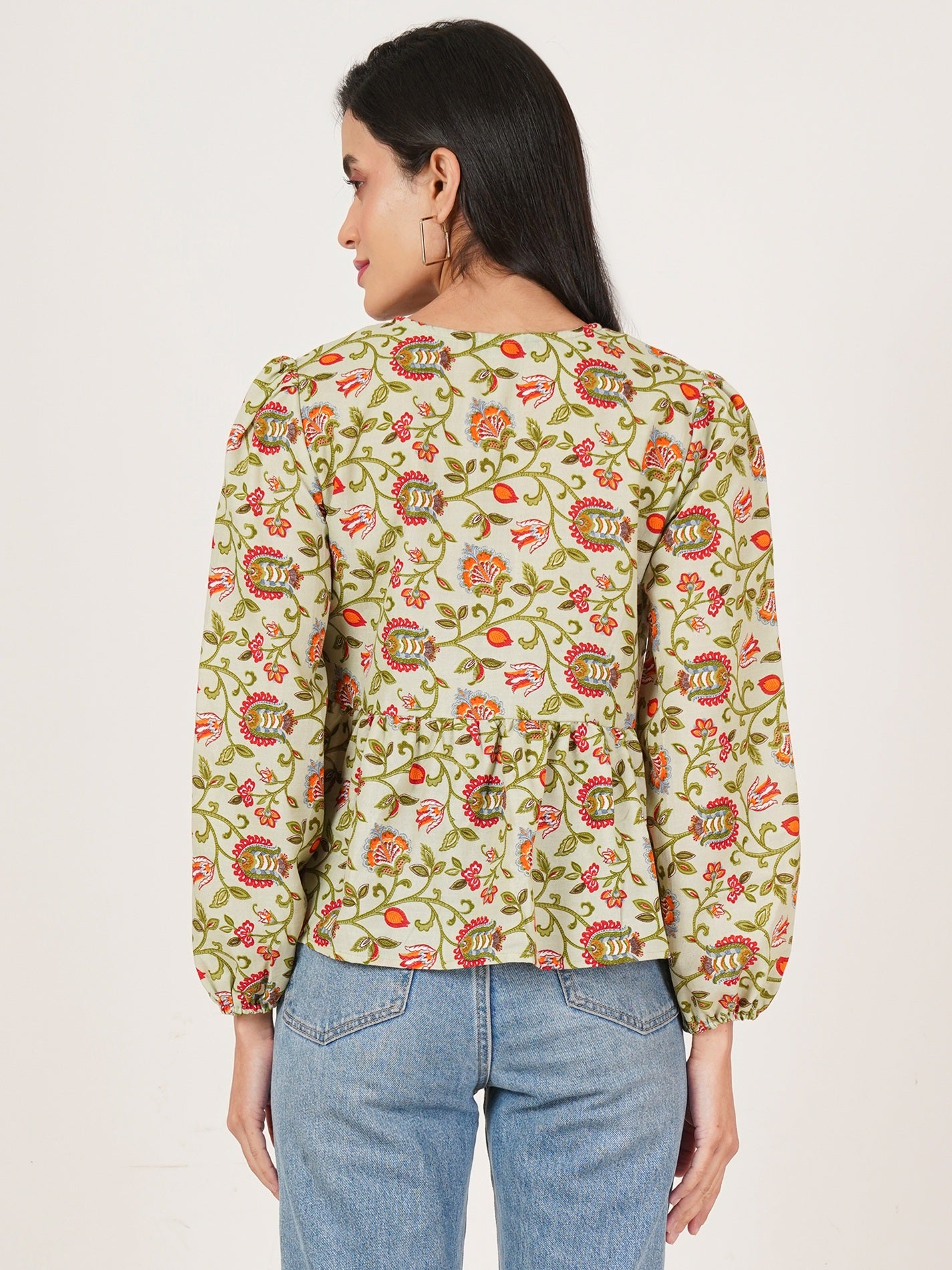 U&F Women Floral Print Tie-Up Neck Puff Sleeve Cotton Top