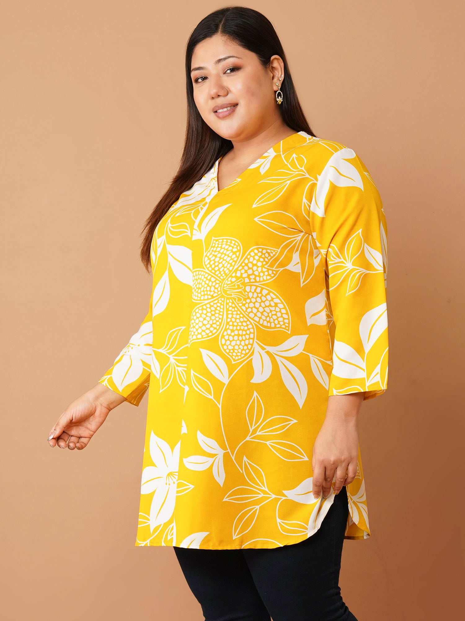 U&F Beyond Yellow Floral Printed Cotton V-Neck Longline Shirt Style Top