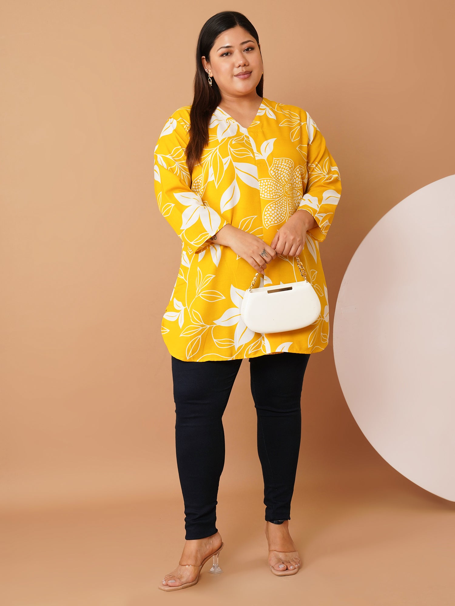 U&F Beyond Yellow Floral Printed Cotton V-Neck Longline Shirt Style Top