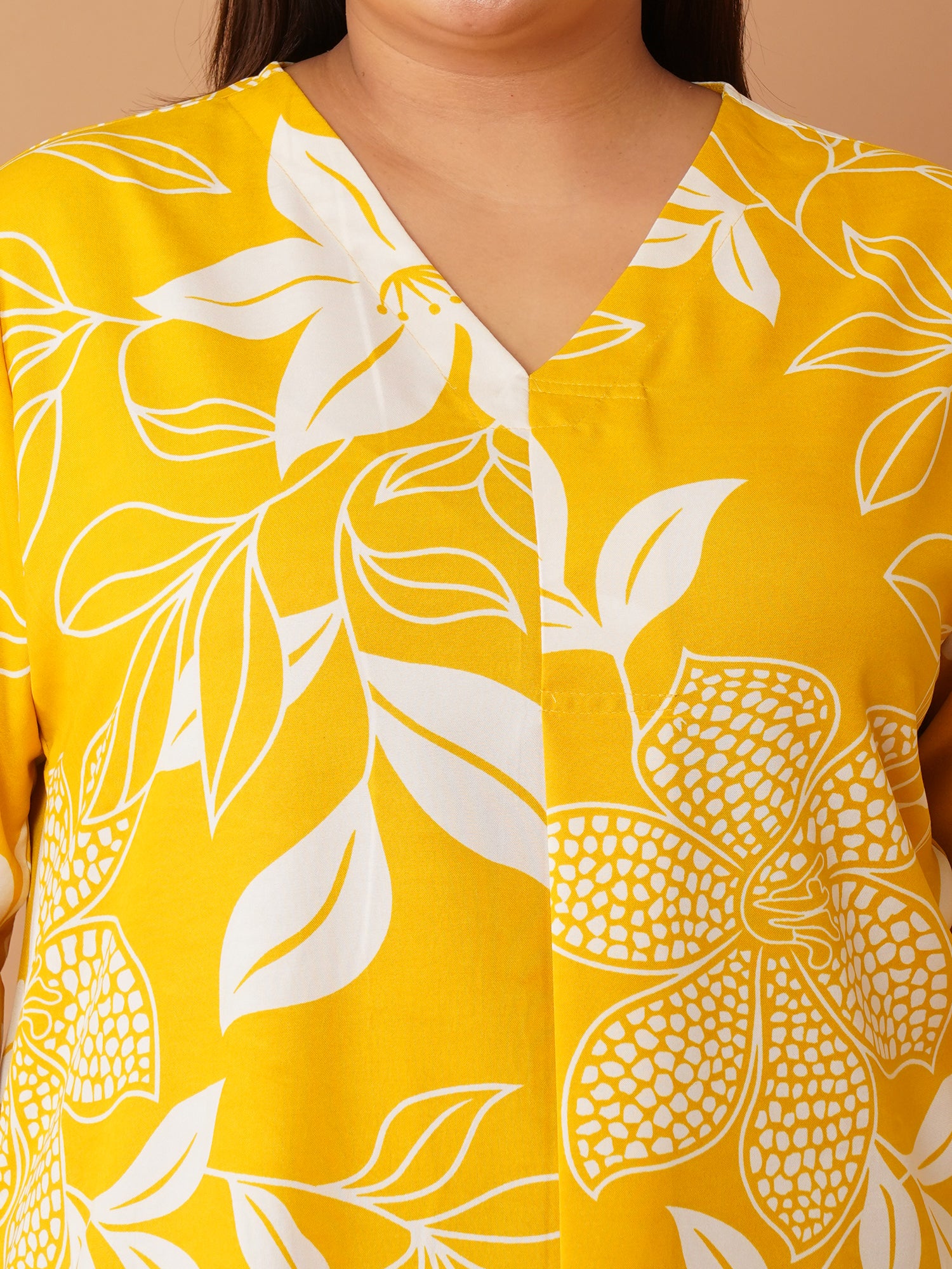 U&F Beyond Yellow Floral Printed Cotton V-Neck Longline Shirt Style Top