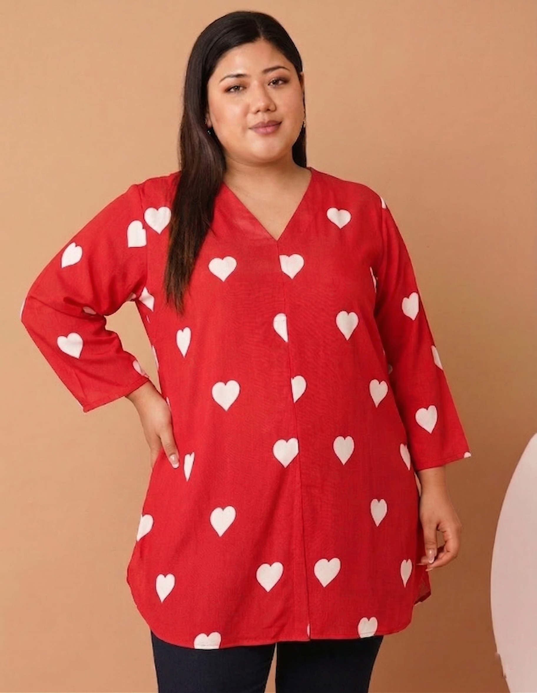 U&F Beyond Red Heart Print Cotton V-Neck Tunic Top