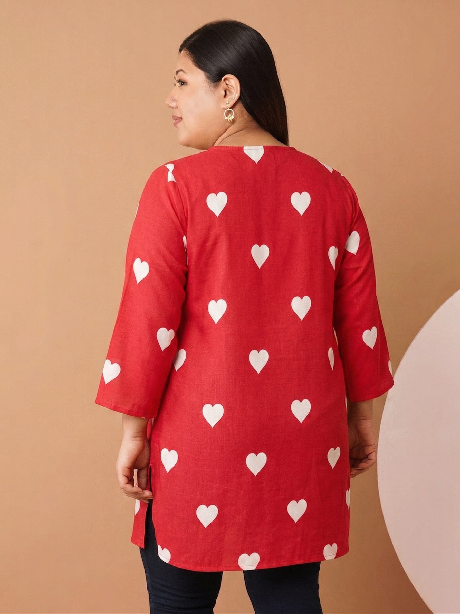 U&F Beyond Red Heart Print Cotton V-Neck Tunic Top