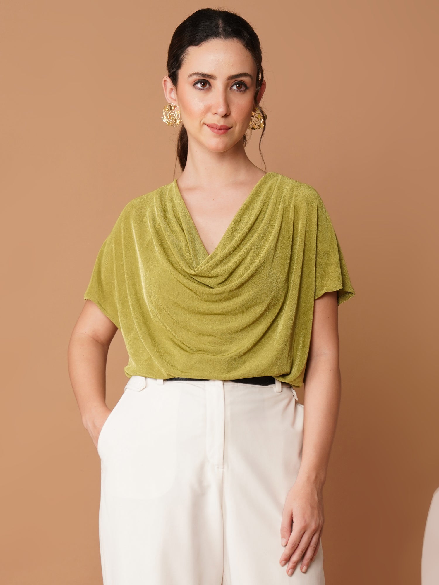 U&F Green Drape Neck Shimmery Top