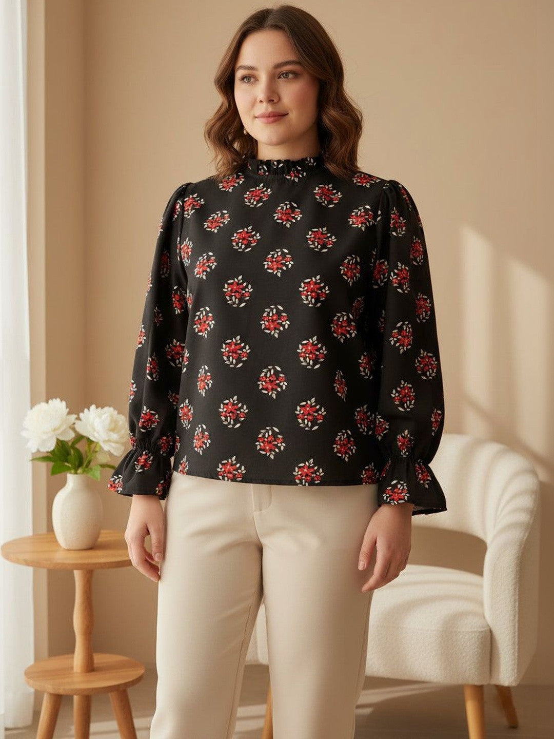 U&F Beyond Black Floral Print Bishop Sleeves Ruffles Crepe Top
