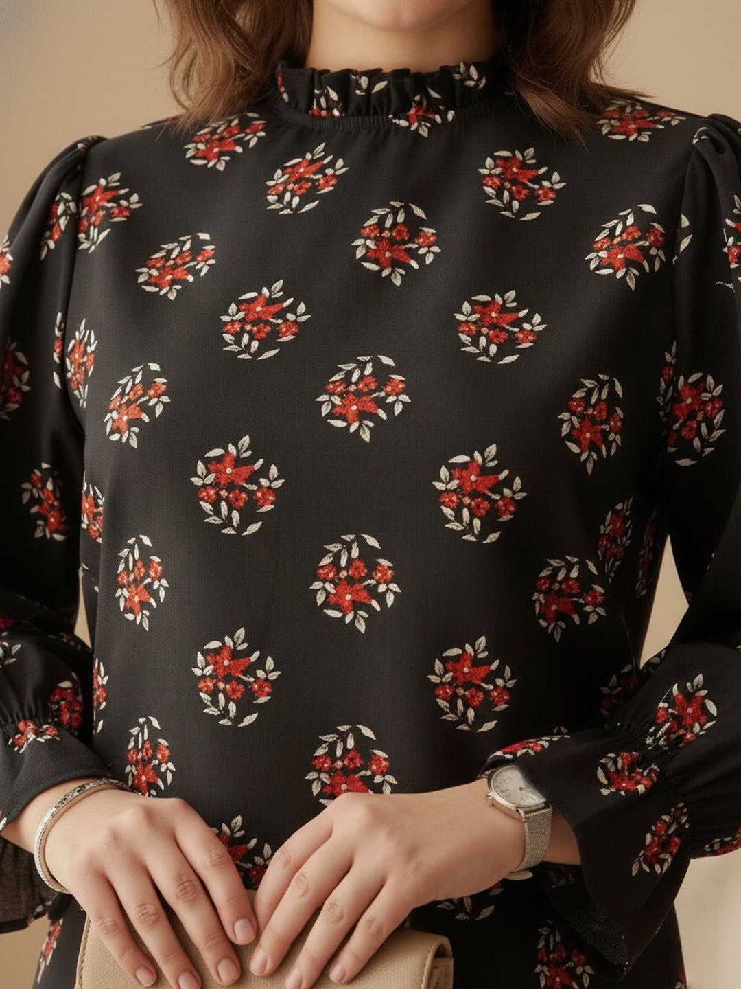 U&F Beyond Black Floral Print Bishop Sleeves Ruffles Crepe Top