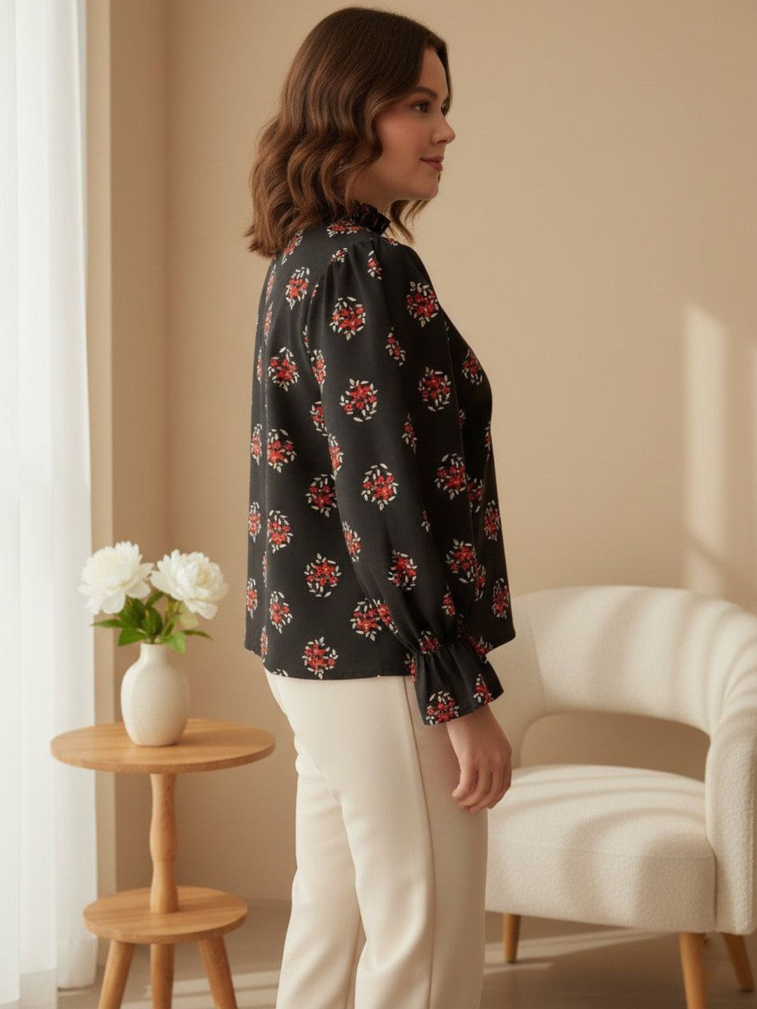 U&F Beyond Black Floral Print Bishop Sleeves Ruffles Crepe Top