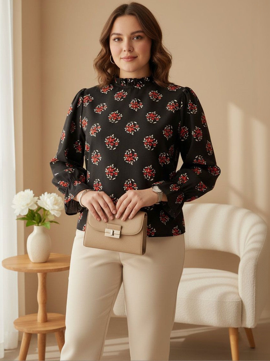 U&F Beyond Black Floral Print Bishop Sleeves Ruffles Crepe Top