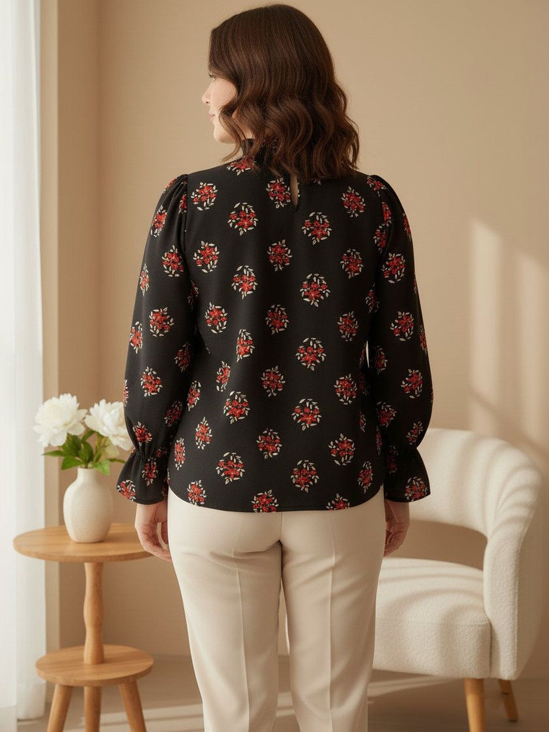 U&F Beyond Black Floral Print Bishop Sleeves Ruffles Crepe Top