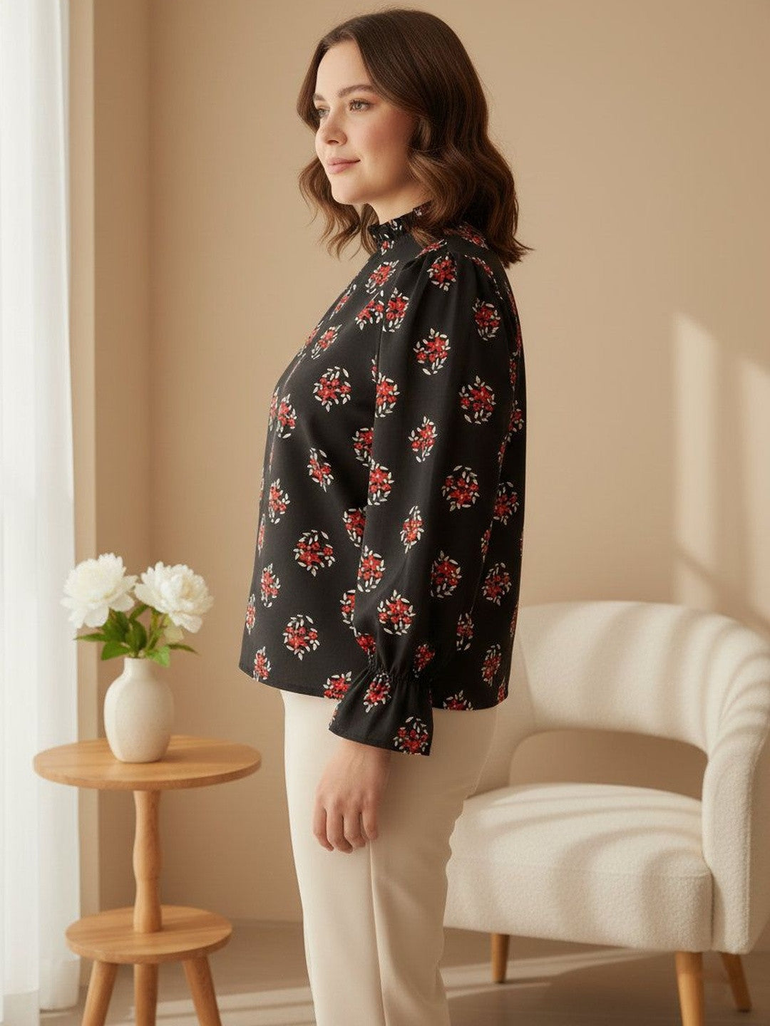 U&F Beyond Black Floral Print Bishop Sleeves Ruffles Crepe Top