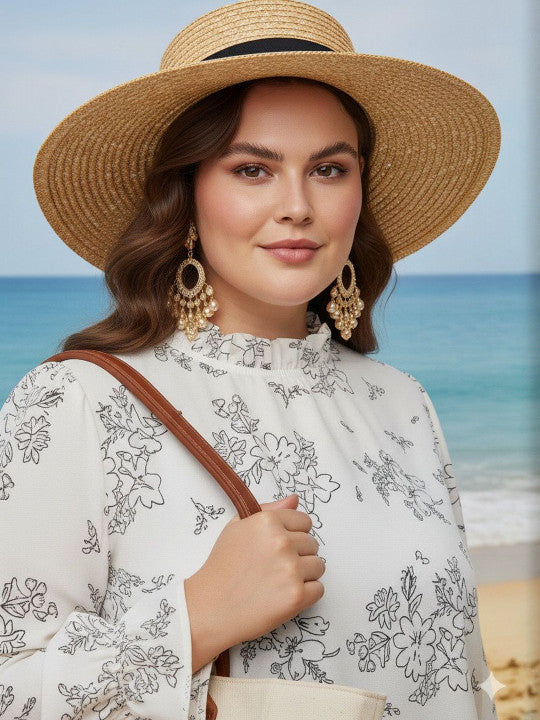 U&F Beyond White Floral Printed Puff Sleeves Ruffles Long Sleeves High Neck Regular Top