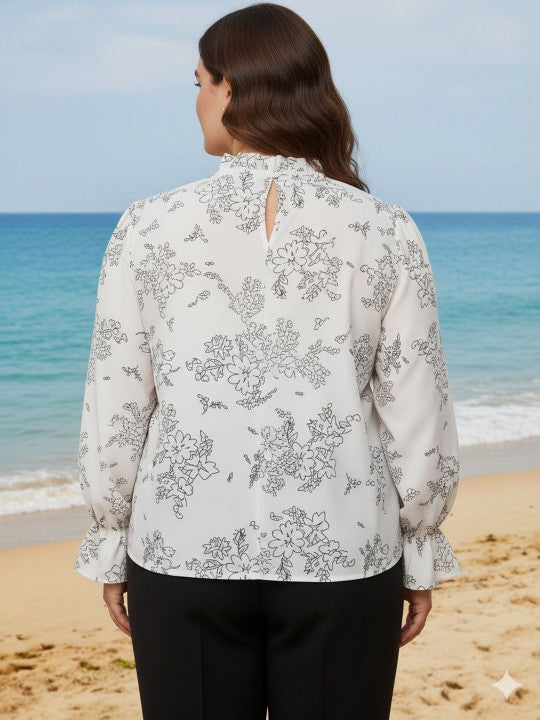 U&F Beyond White Floral Printed Puff Sleeves Ruffles Long Sleeves High Neck Regular Top