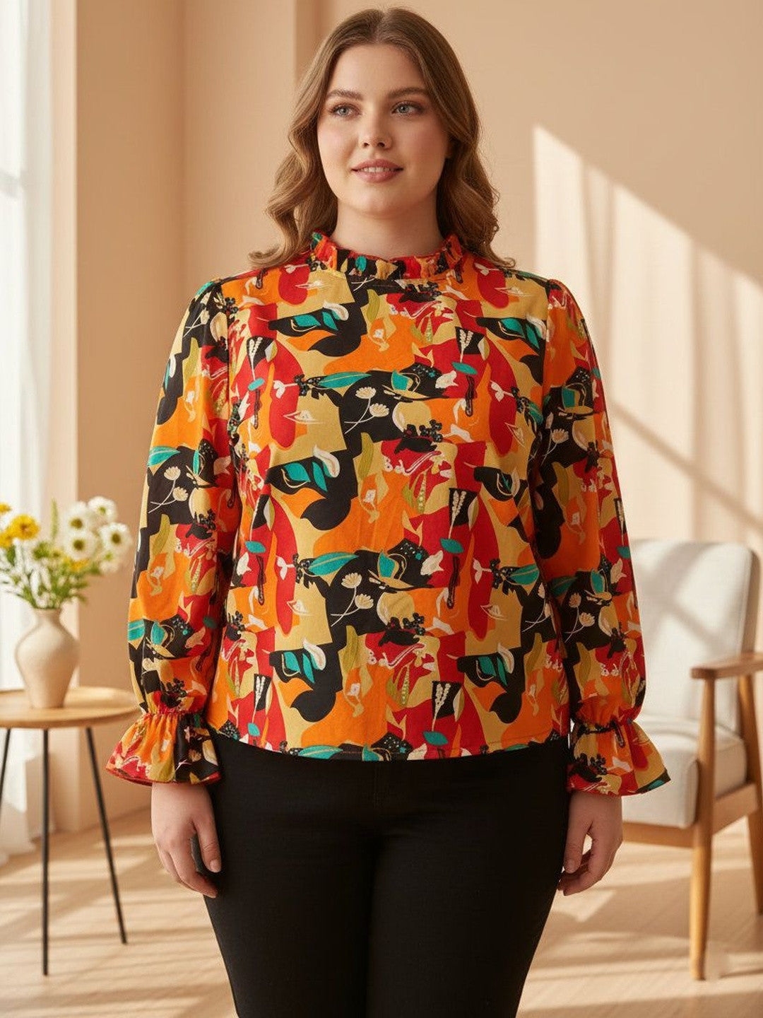 U&F Beyond Multicolor Abstract Print Flared Sleeve Ruffles Crepe Top