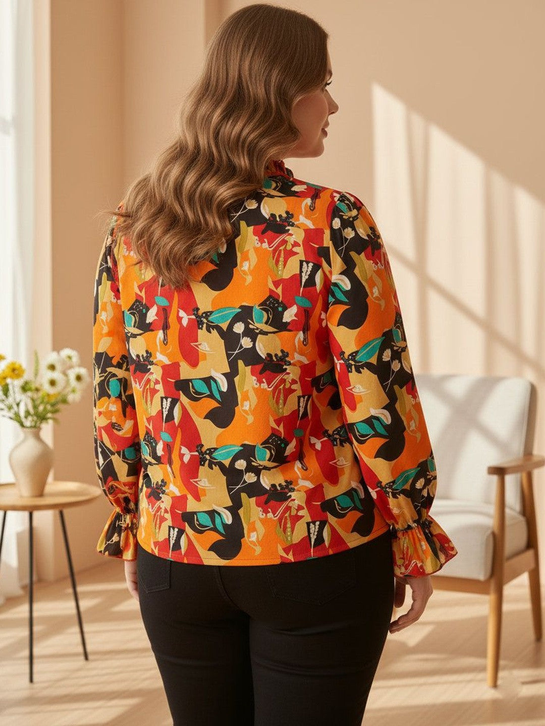 U&F Beyond Multicolor Abstract Print Flared Sleeve Ruffles Crepe Top