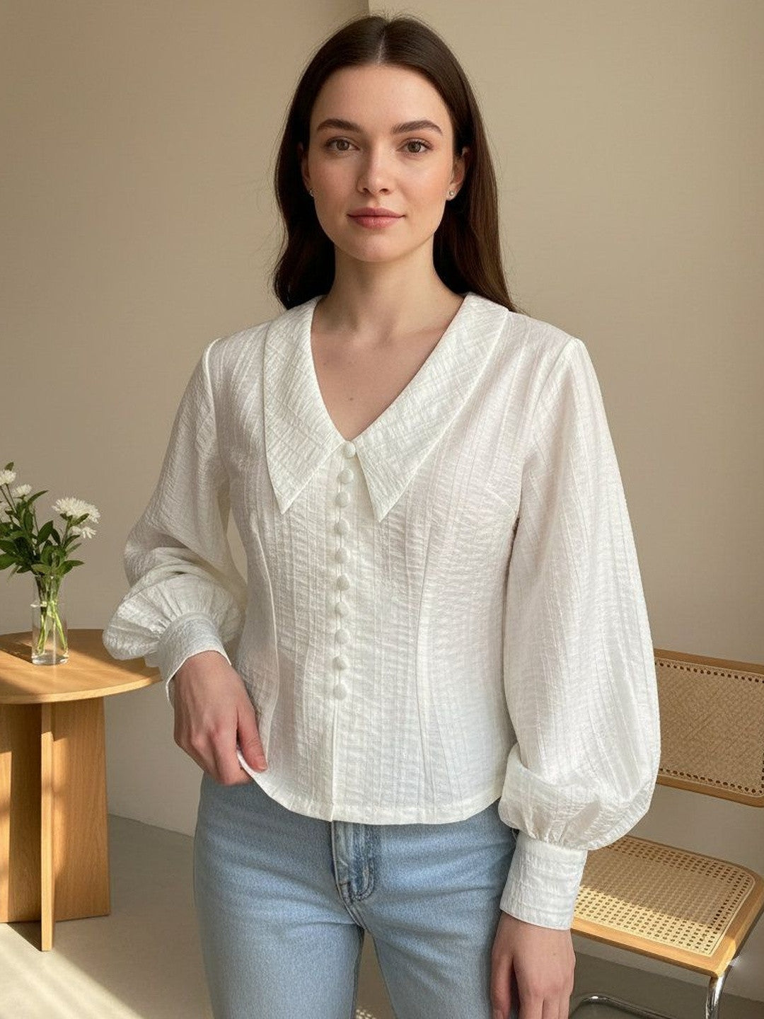 U&F Off White Textured Peter Pan Collar  with Oversized Lantern Sleeves