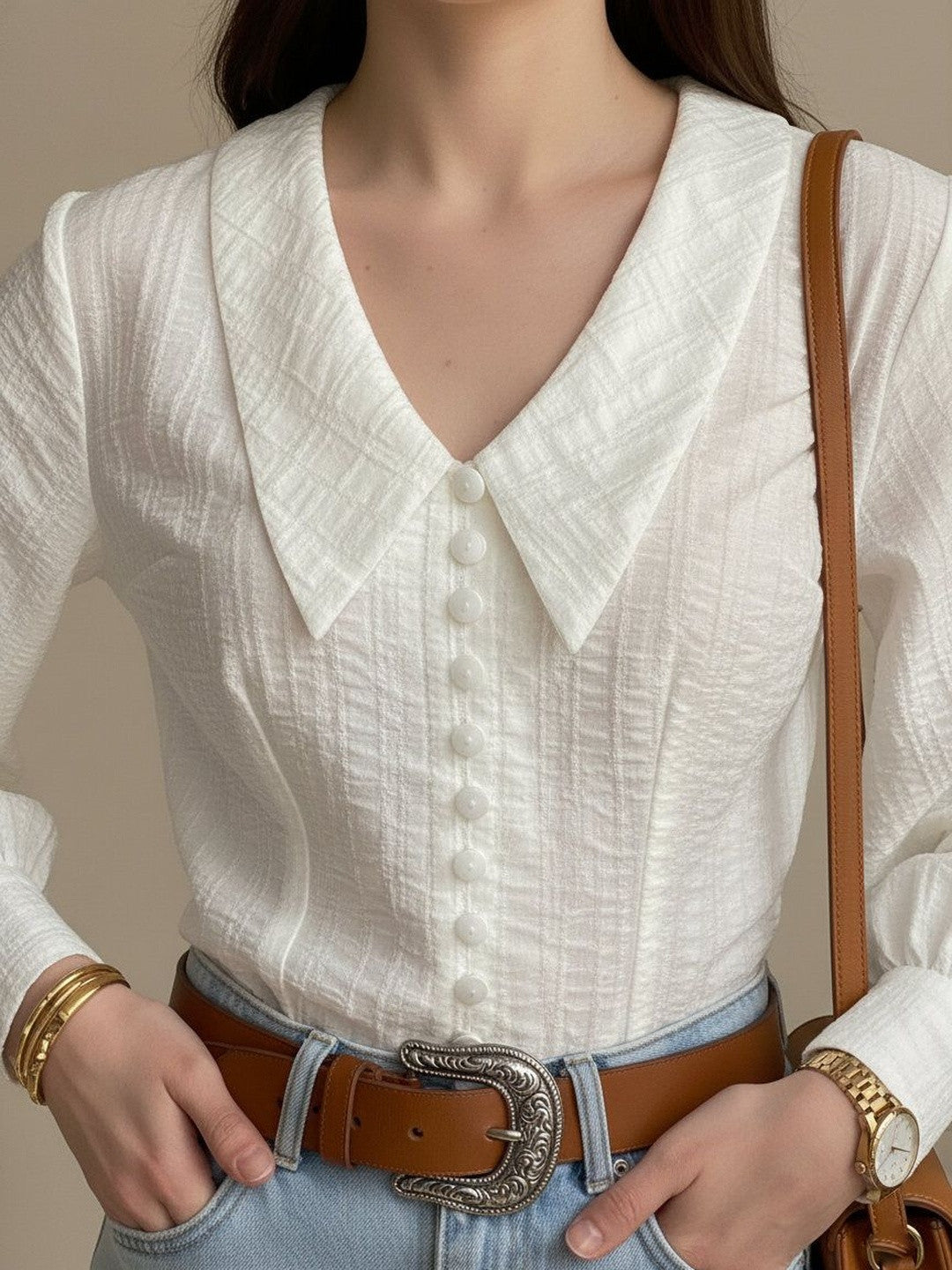 U&F Off White Textured Peter Pan Collar  with Oversized Lantern Sleeves