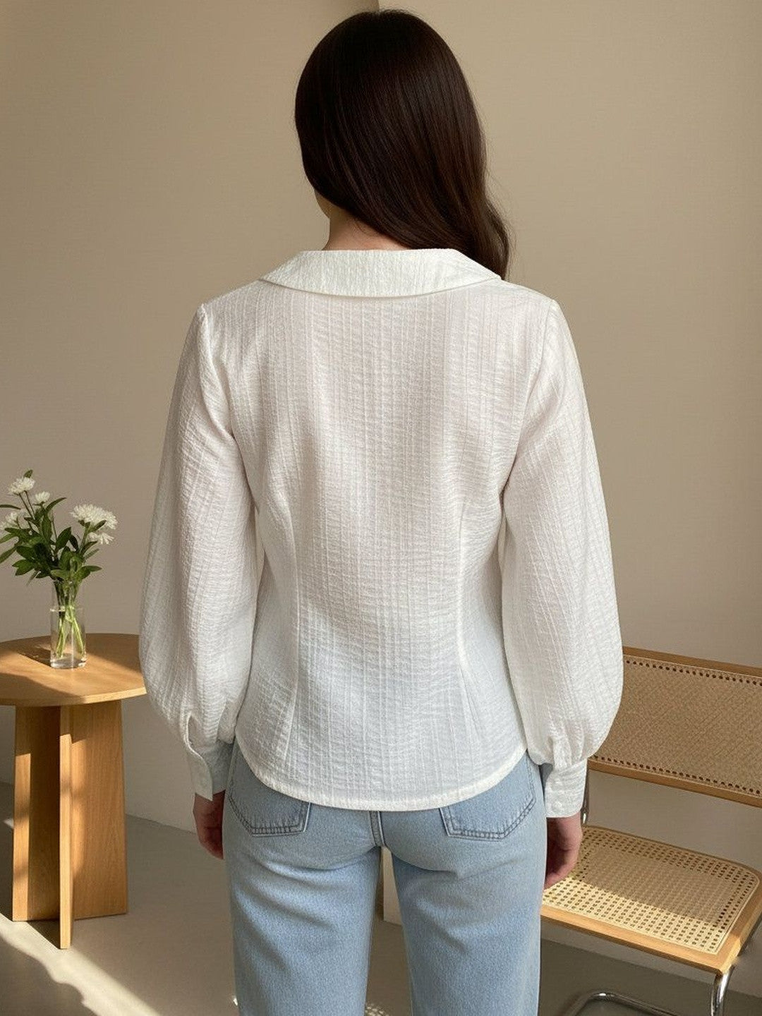 U&F Off White Textured Peter Pan Collar  with Oversized Lantern Sleeves