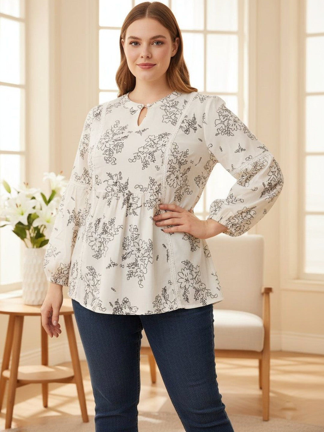 U&F Beyond Off White Floral Print Keyhole Neck Bishop Sleeves Top