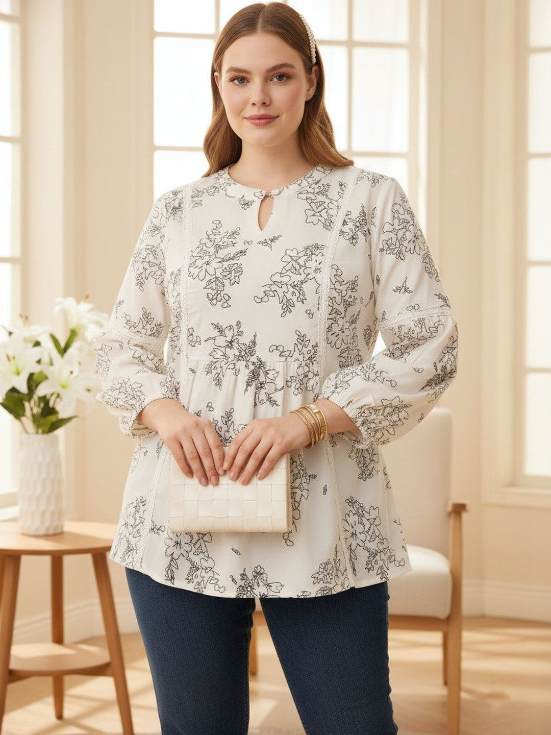 U&F Beyond Off White Floral Print Keyhole Neck Bishop Sleeves Top