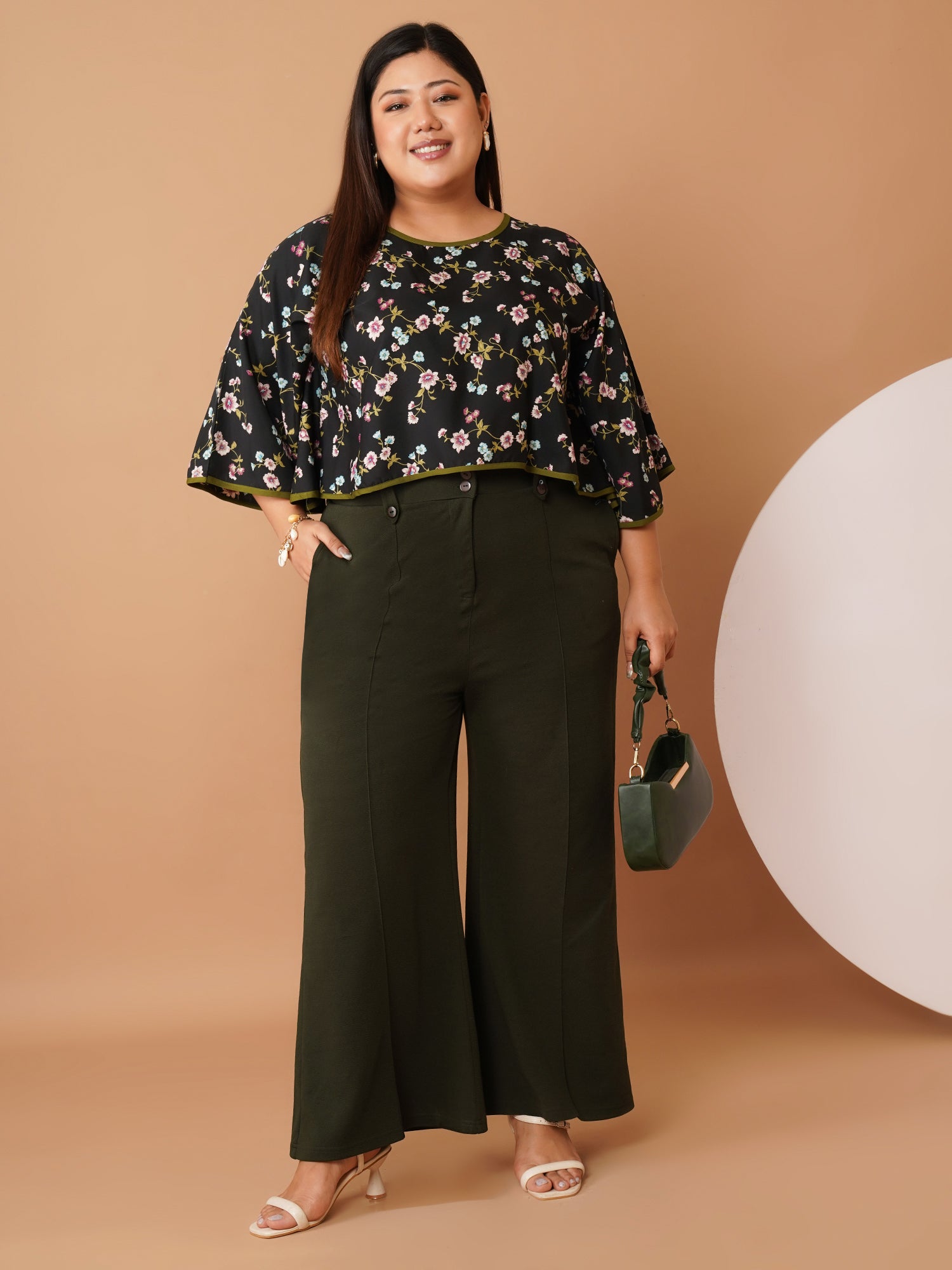 U&F Beyond Black Floral Printed Crepe Flared Sleeve Crop Top