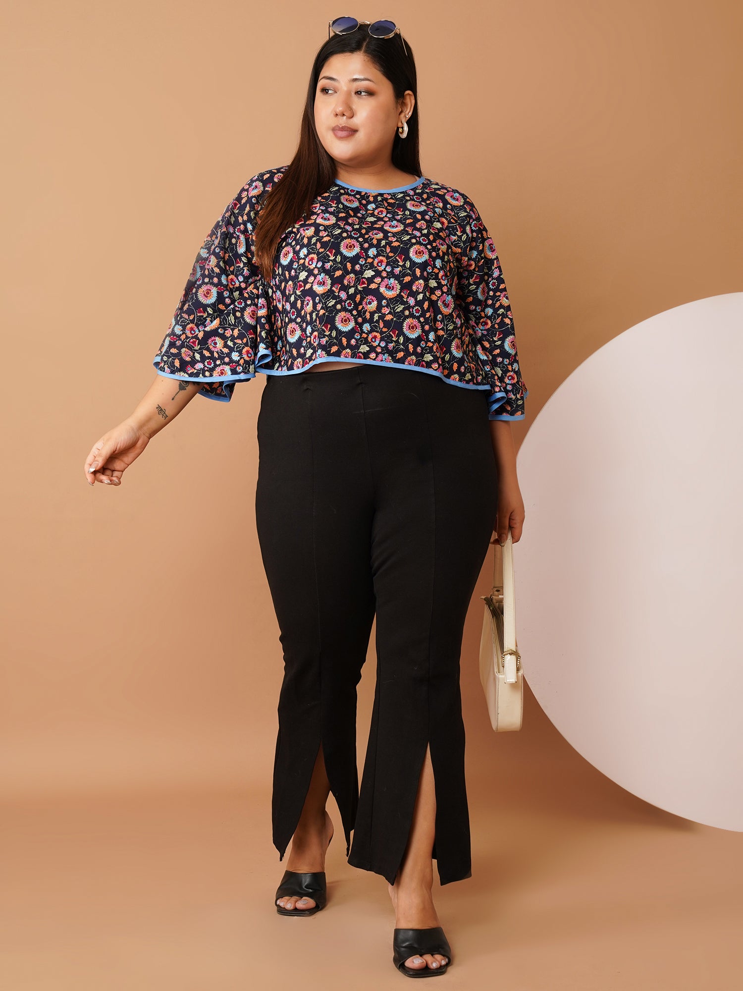 U&F Beyond Navy Blue Floral Printed Crepe Flared Sleeve Crop Top