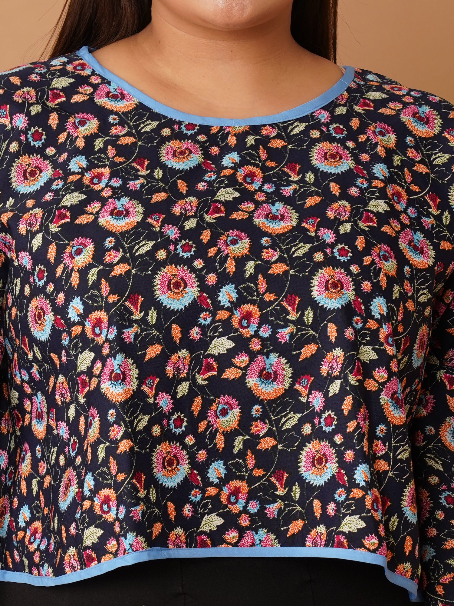 U&F Beyond Navy Blue Floral Printed Crepe Flared Sleeve Crop Top
