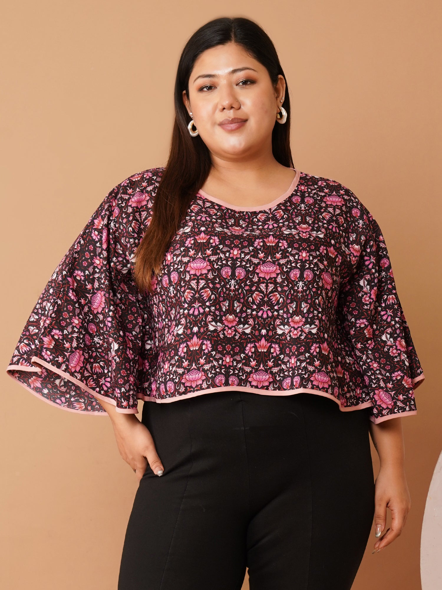 U&F Beyond Burgundy Floral Printed Crepe Flared Sleeve Crop Top