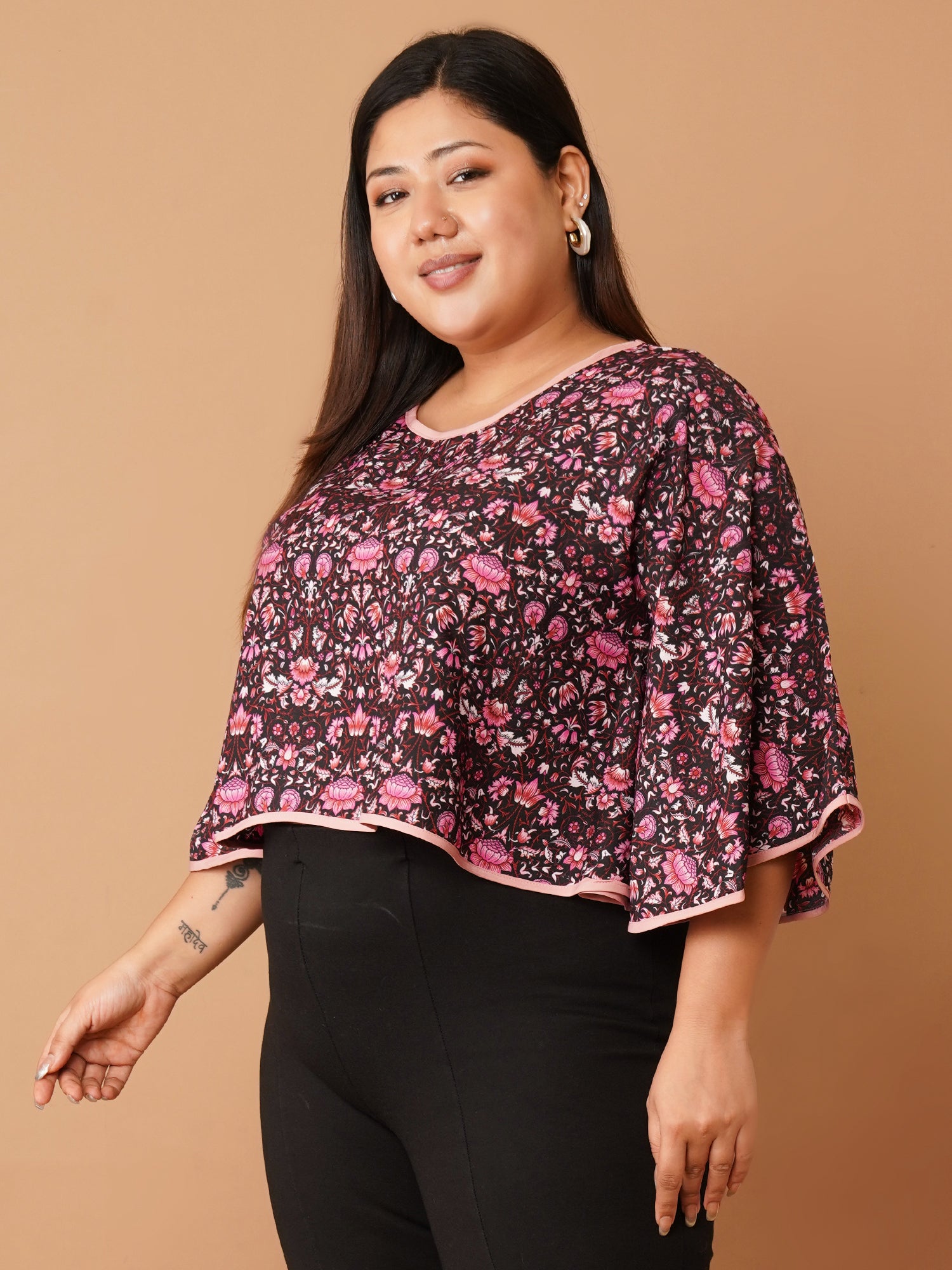 U&F Beyond Burgundy Floral Printed Crepe Flared Sleeve Crop Top