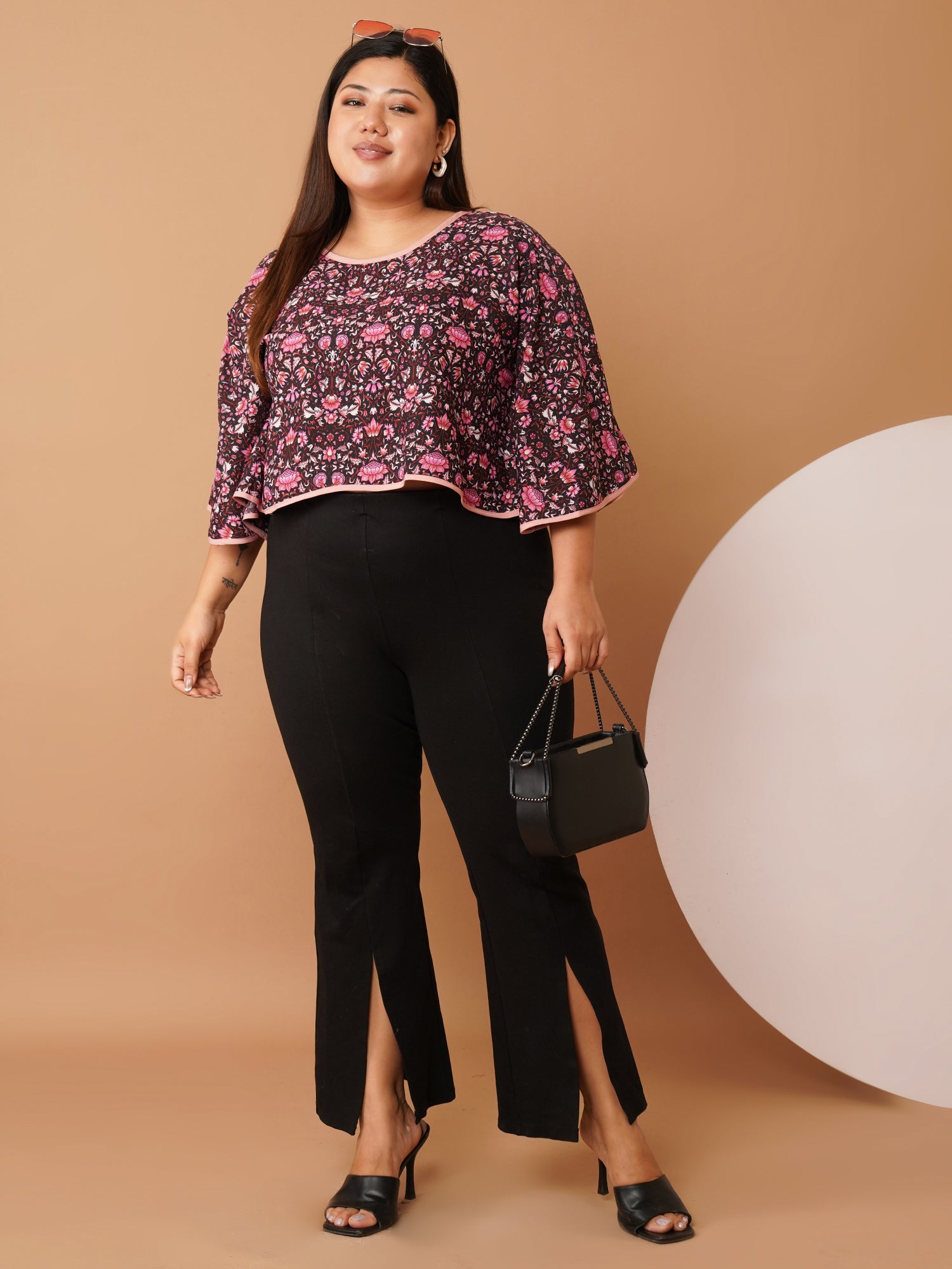U&F Beyond Burgundy Floral Printed Crepe Flared Sleeve Crop Top