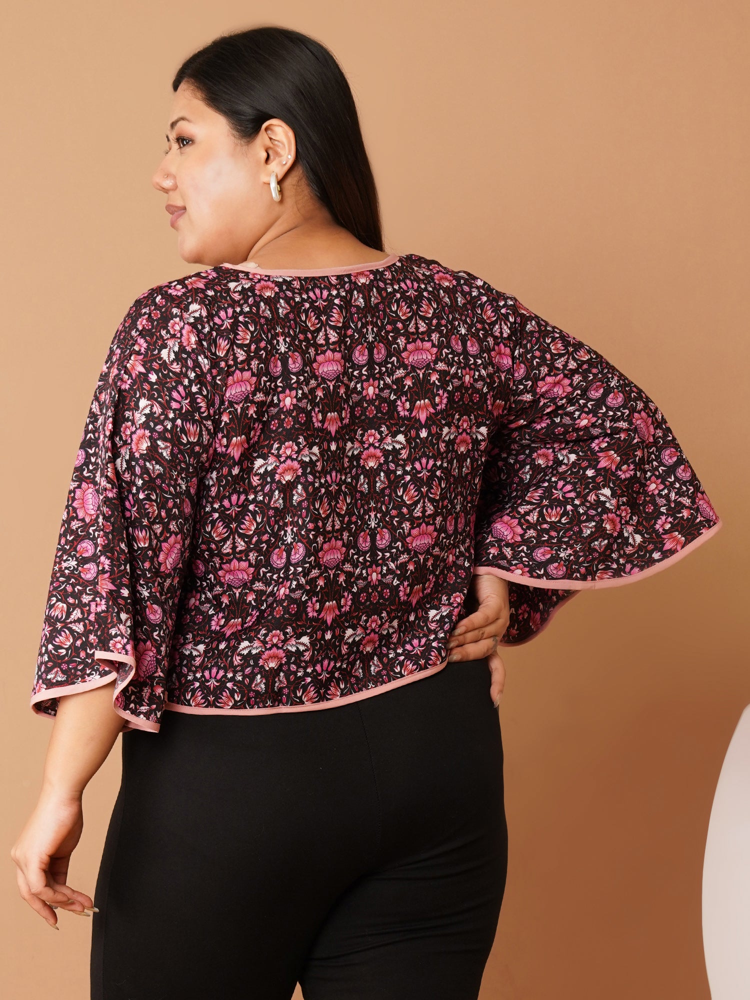 U&F Beyond Burgundy Floral Printed Crepe Flared Sleeve Crop Top