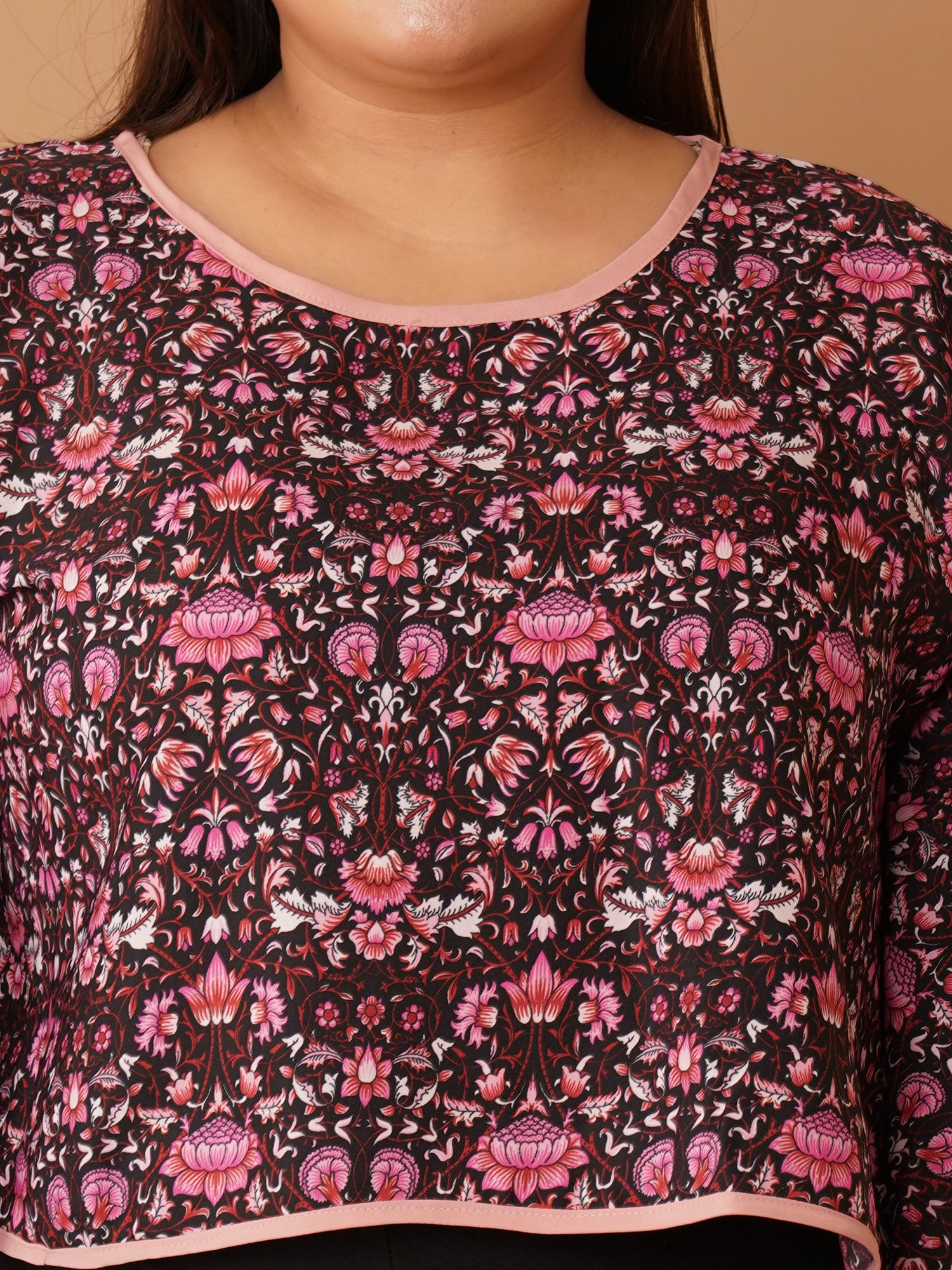 U&F Beyond Burgundy Floral Printed Crepe Flared Sleeve Crop Top