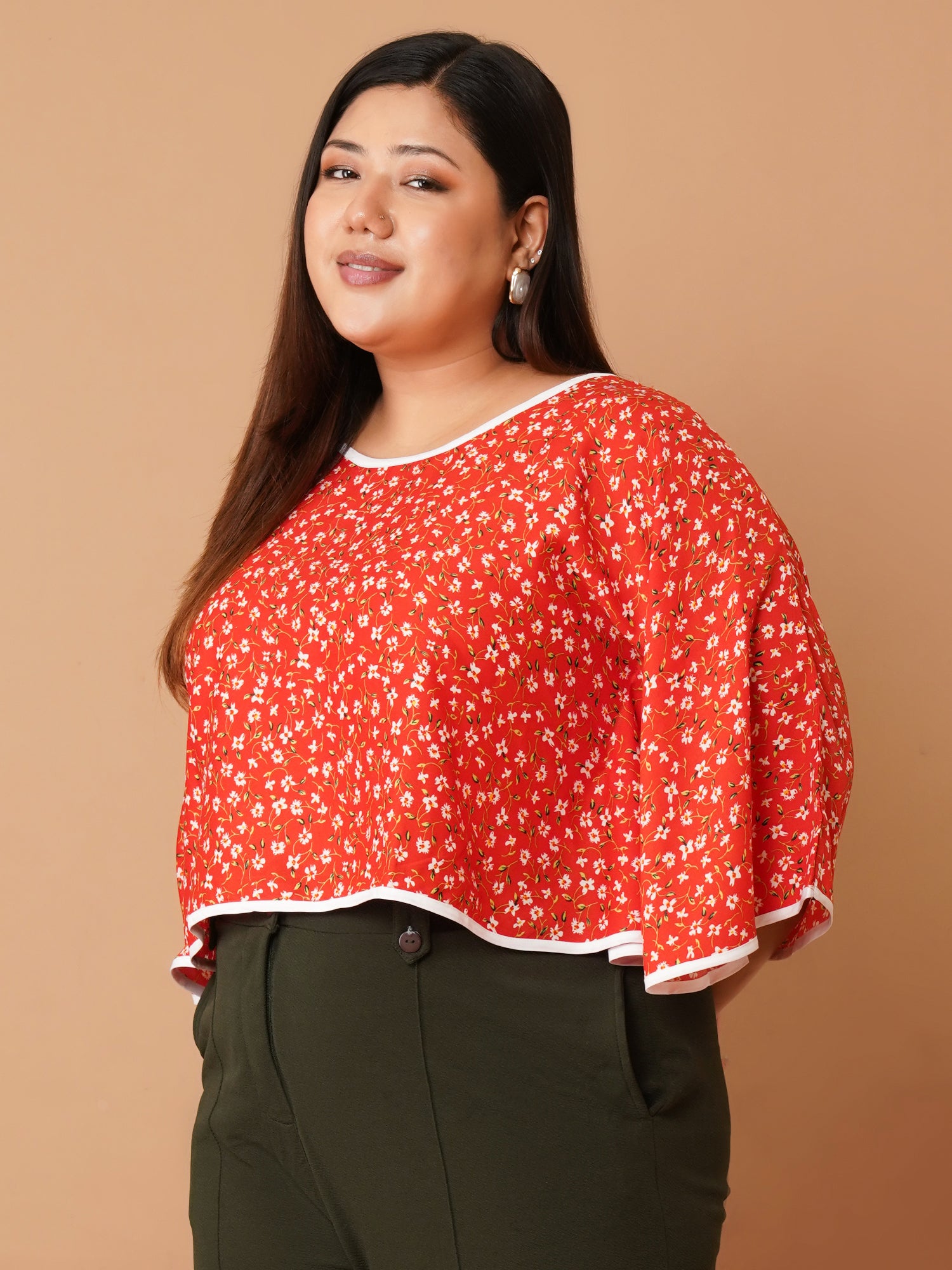 U&F Beyond Red Floral Crepe Flared Sleeve Crop Top