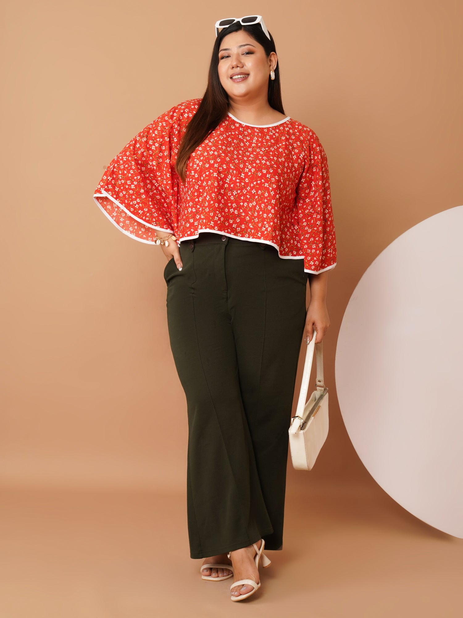 U&F Beyond Red Floral Crepe Flared Sleeve Crop Top