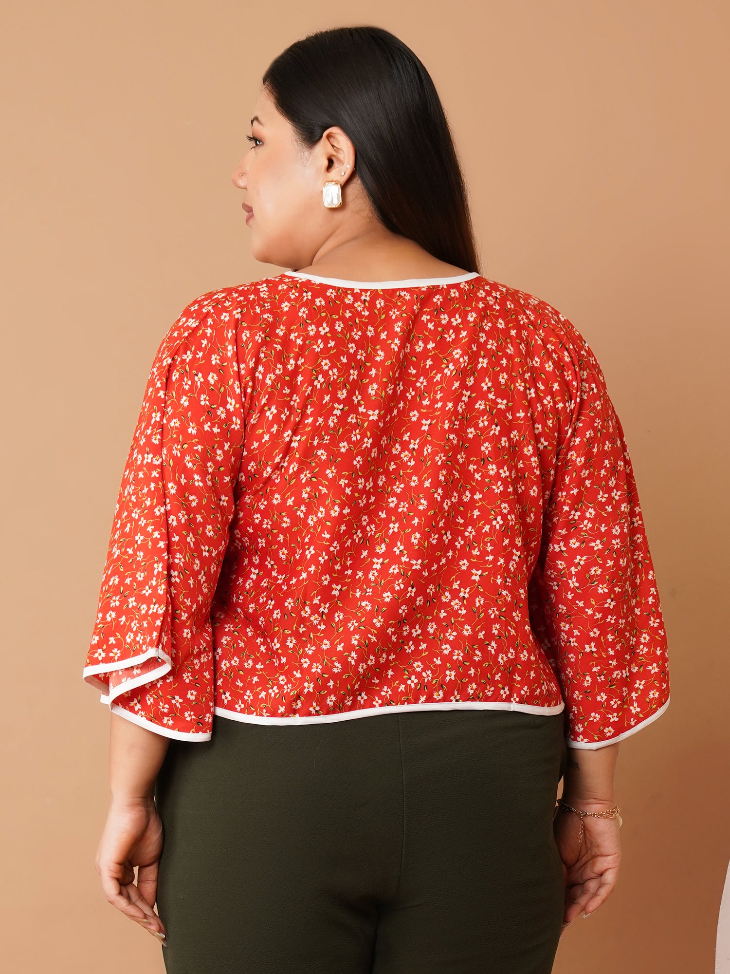U&F Beyond Red Floral Crepe Flared Sleeve Crop Top