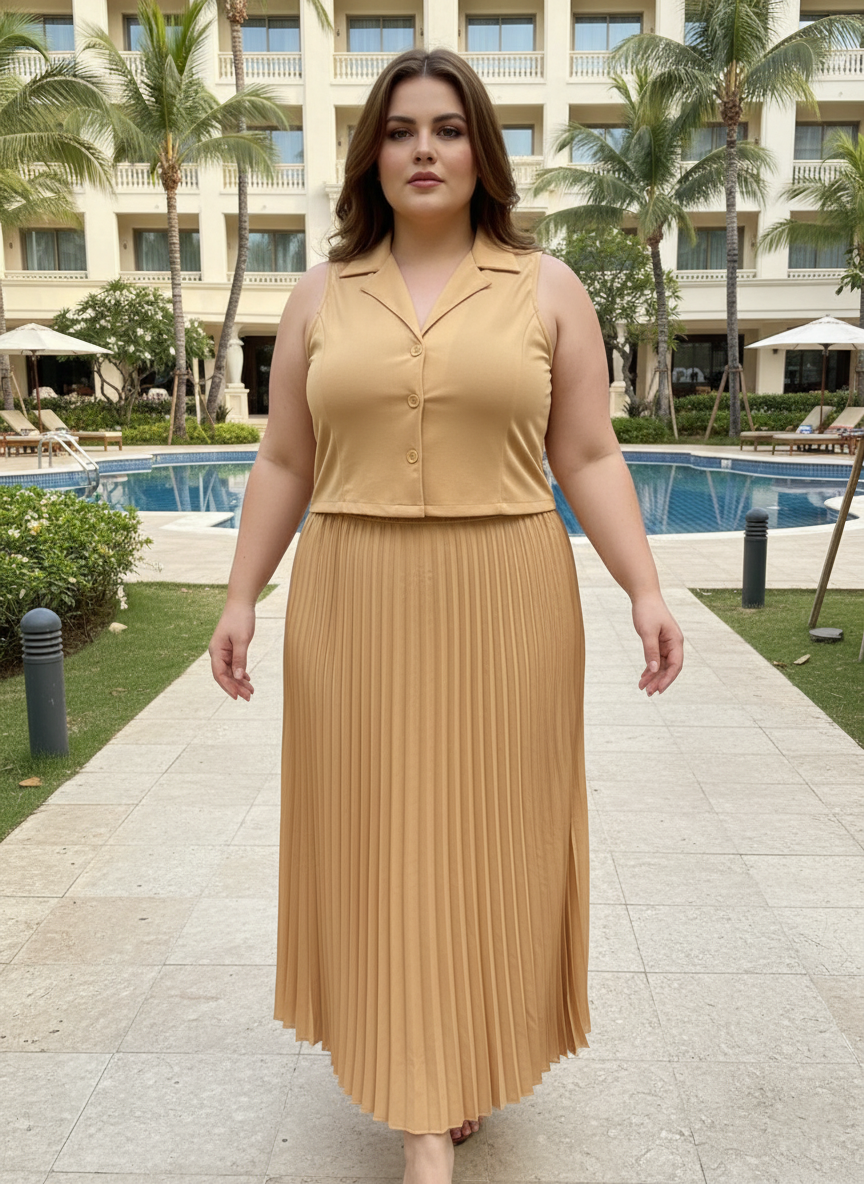 U&F Beyond Beige Pleated Sleeveless Co-Ord