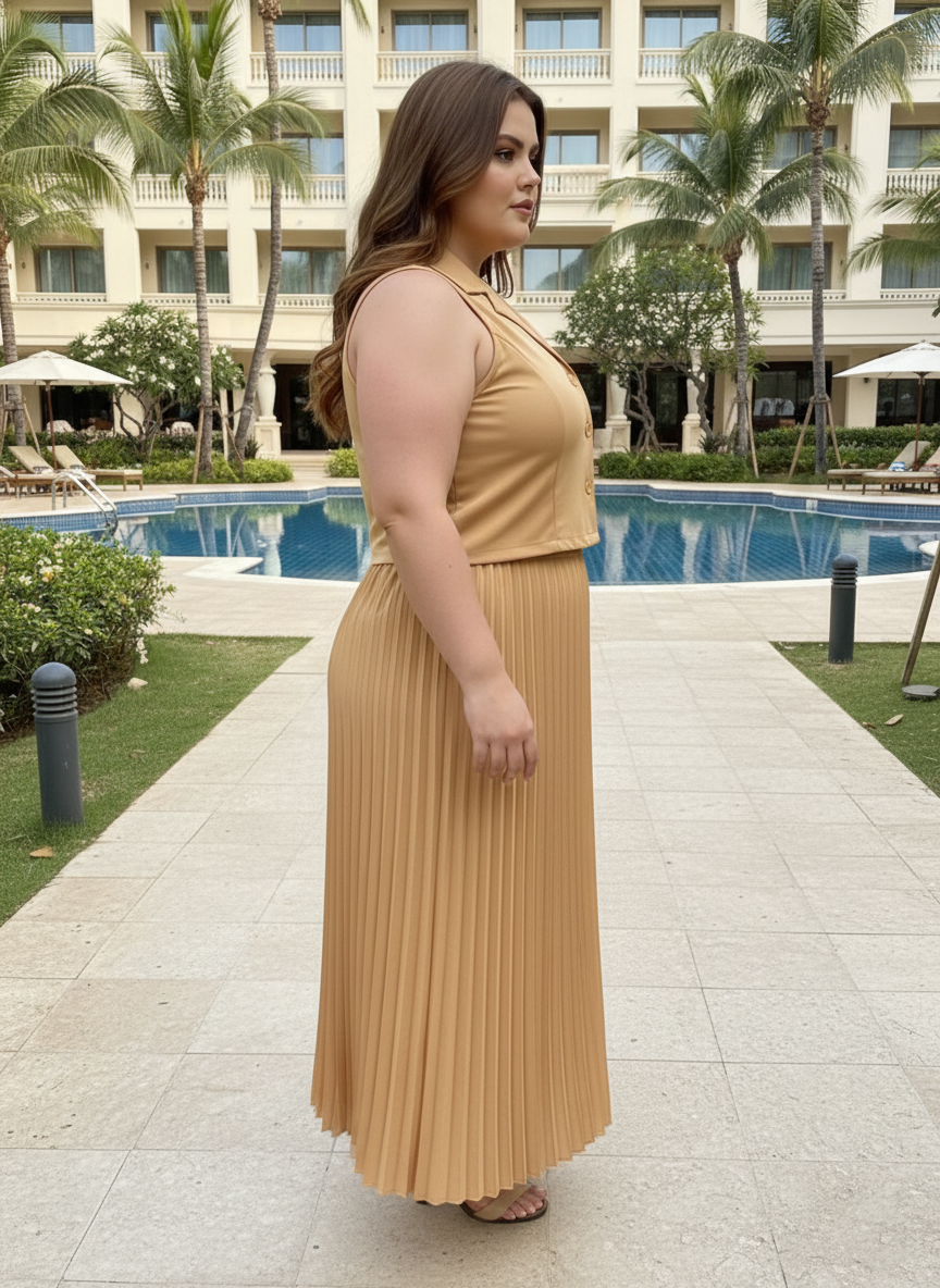 U&F Beyond Beige Pleated Sleeveless Co-Ord
