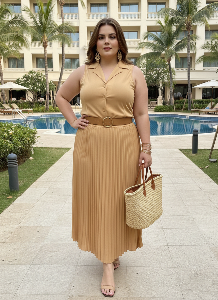 U&F Beyond Beige Pleated Sleeveless Co-Ord