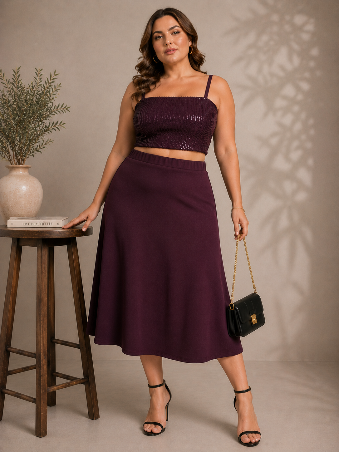 U&F Beyond Purple Sequin Crop Top & Flared Midi Skirt Plus Size Co-Ord Set