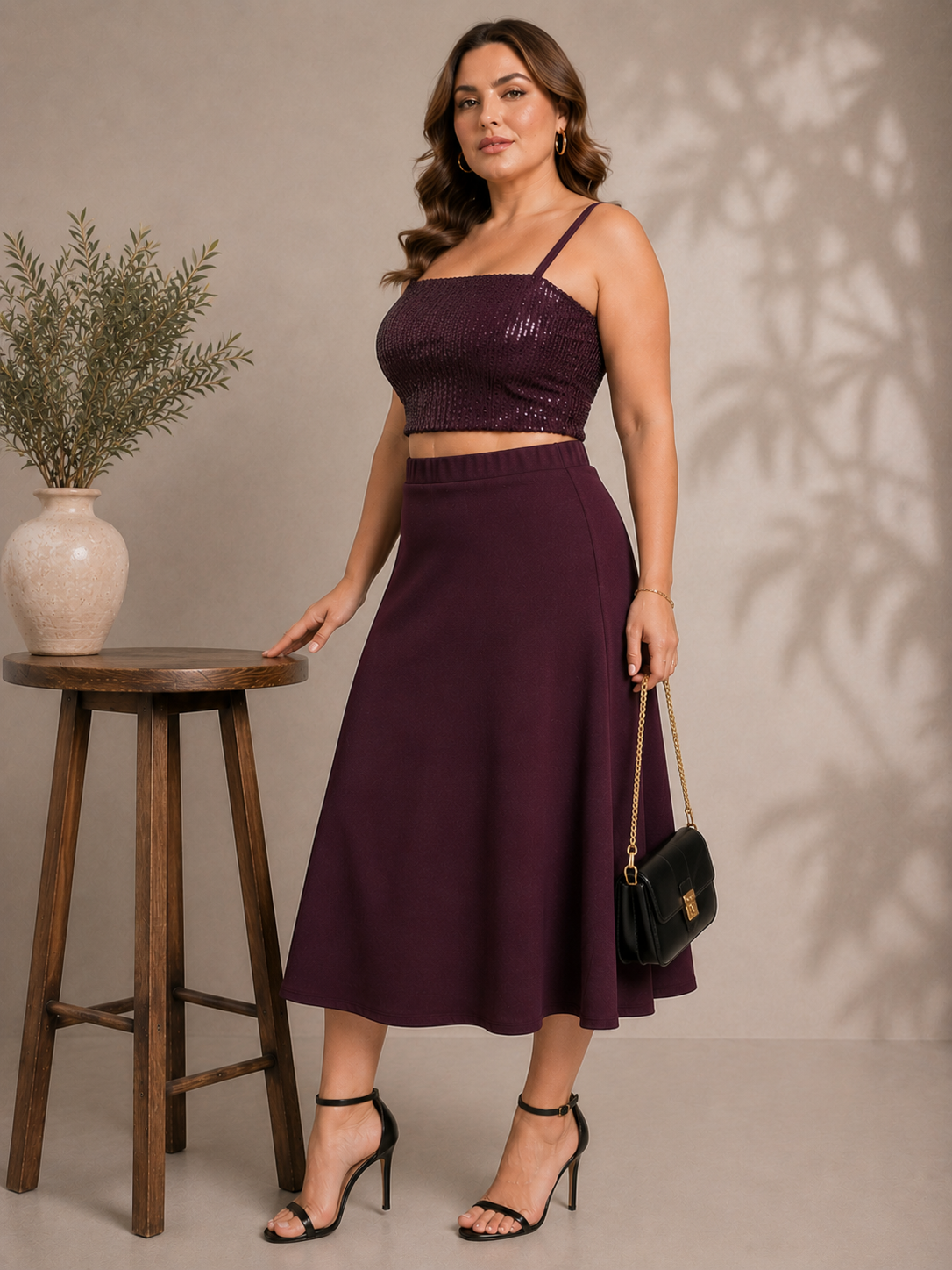 U&F Beyond Purple Sequin Crop Top & Flared Midi Skirt Plus Size Co-Ord Set