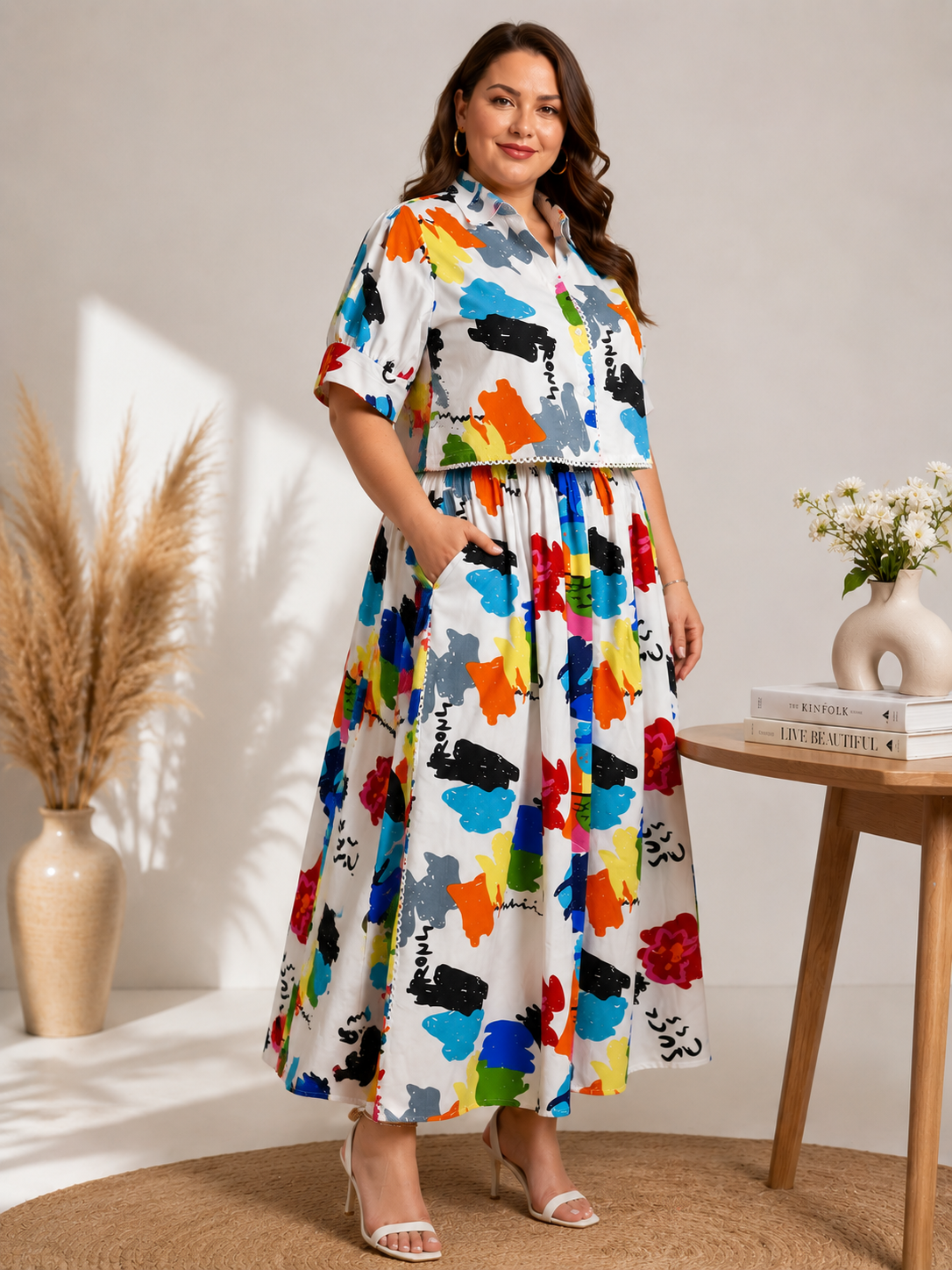 U&F Beyond Plus Size White Multicolor Printed Co-Ord Set with Maxi Skirt