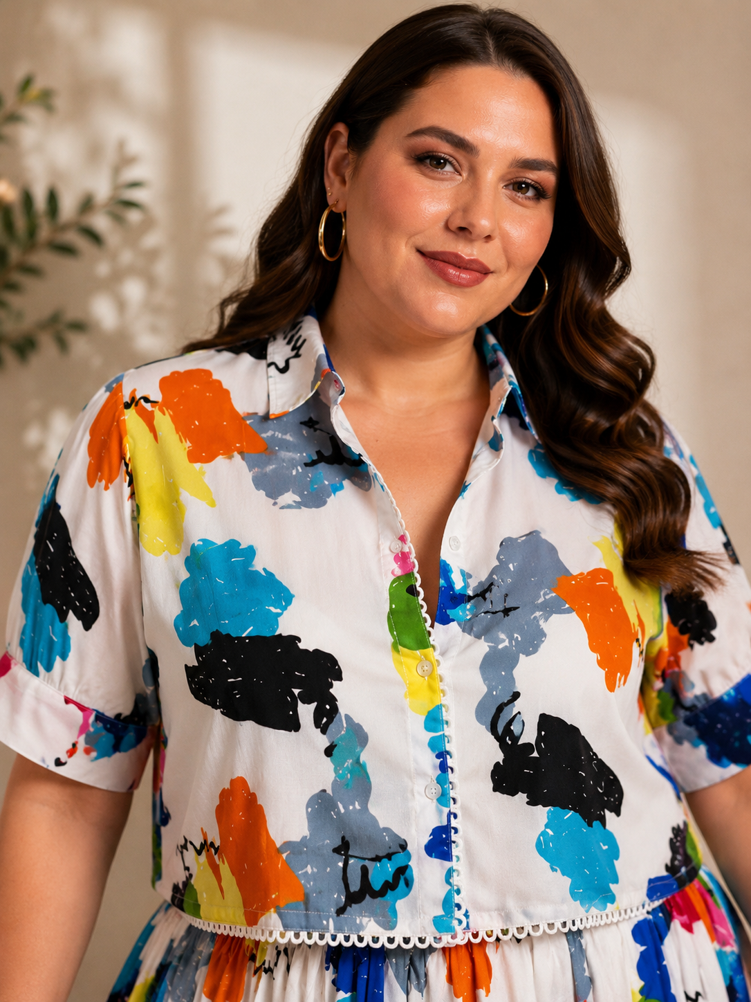 U&F Beyond Plus Size White Multicolor Printed Co-Ord Set with Maxi Skirt