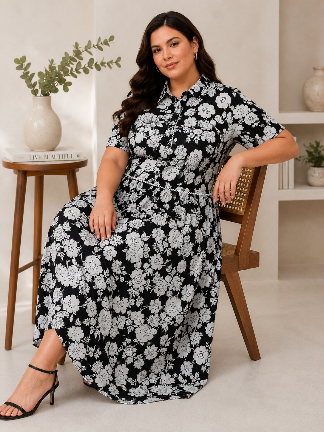 U&F Beyond Women Plus Size Black & White Floral Printed Top & Maxi Skirt Co-Ord Set