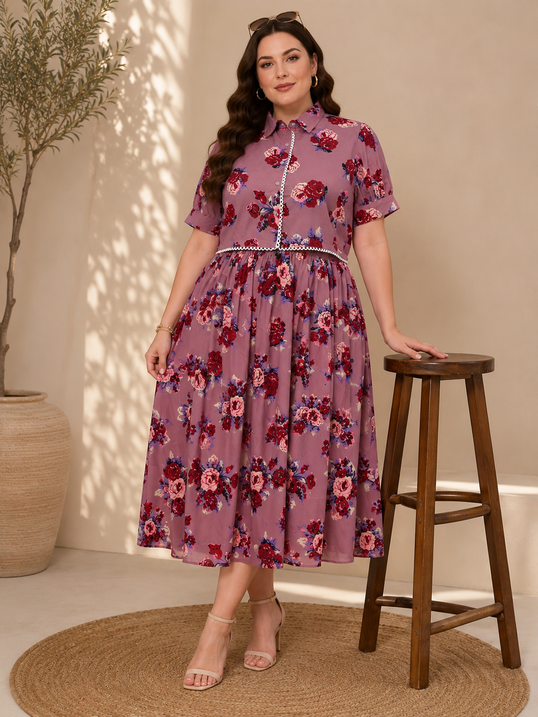 U&F Beyond Mauve Floral Printed Plus Size Shirt & Maxi Skirt Co-Ord Set