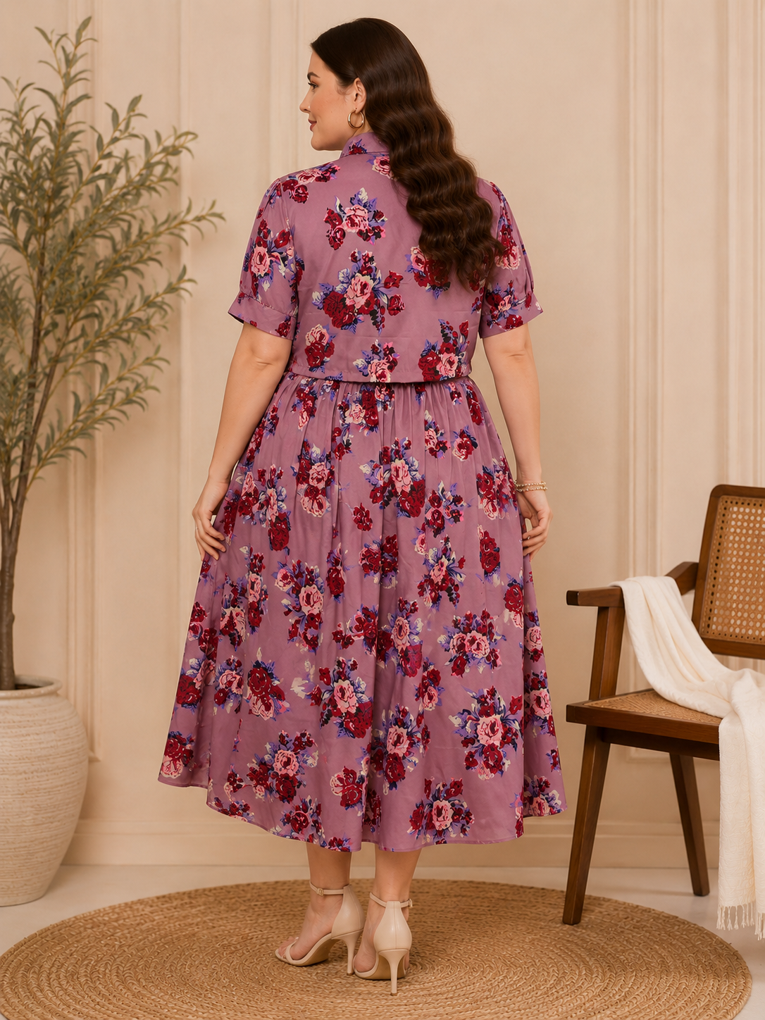 U&F Beyond Mauve Floral Printed Plus Size Shirt & Maxi Skirt Co-Ord Set