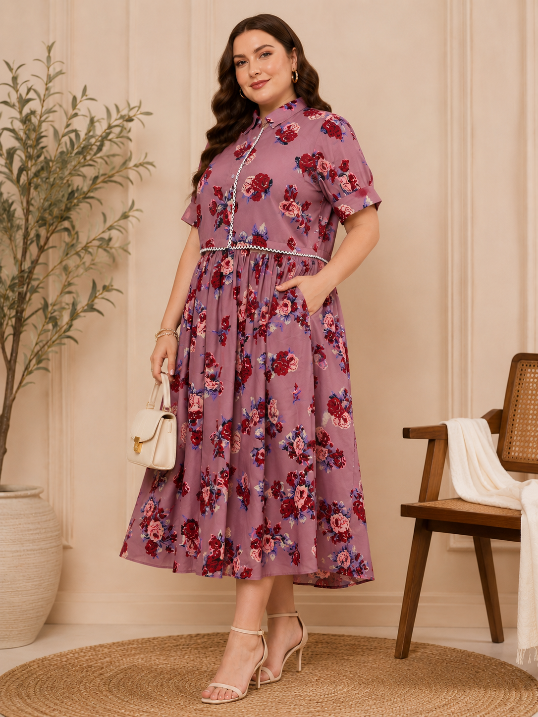 U&F Beyond Mauve Floral Printed Plus Size Shirt & Maxi Skirt Co-Ord Set