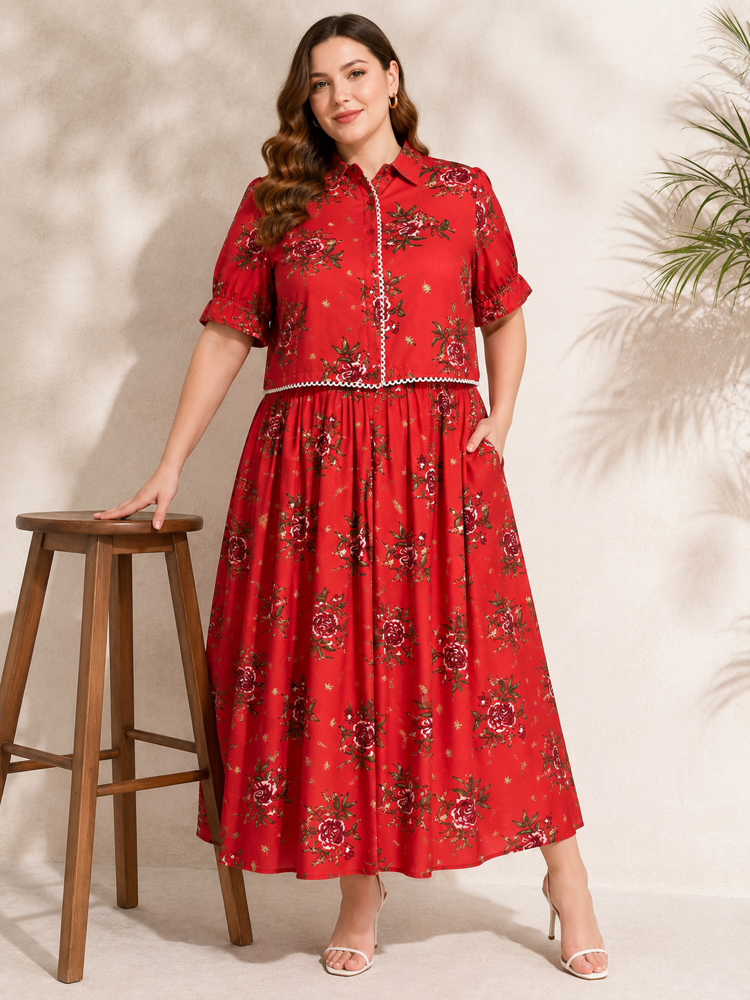 U&F Beyond Red Floral Printed Plus Size Shirt & Maxi Skirt Co-Ord Set